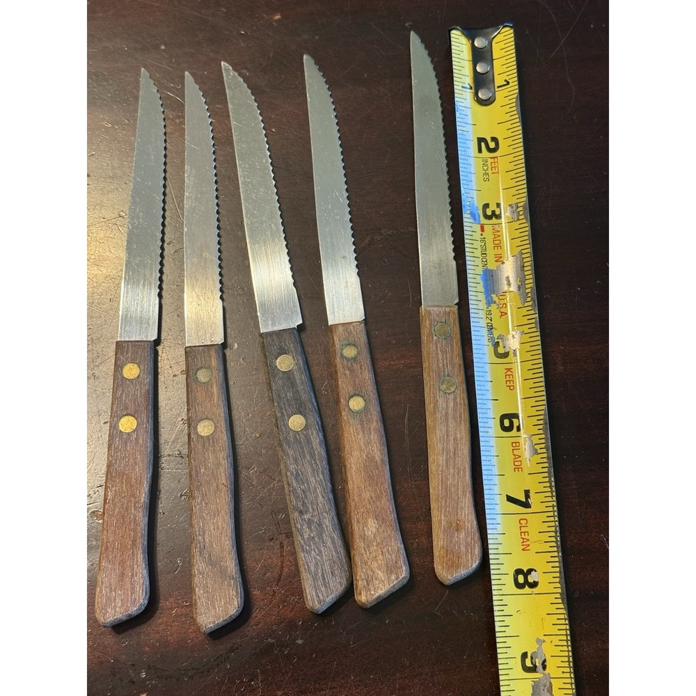 Lot Of 5 Vintage Stainless Steel Steak Knives With Wood Handles Japan - Picture 4 of 6